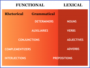 Grammar: parts of speech listed according to whether they're functional or lexical