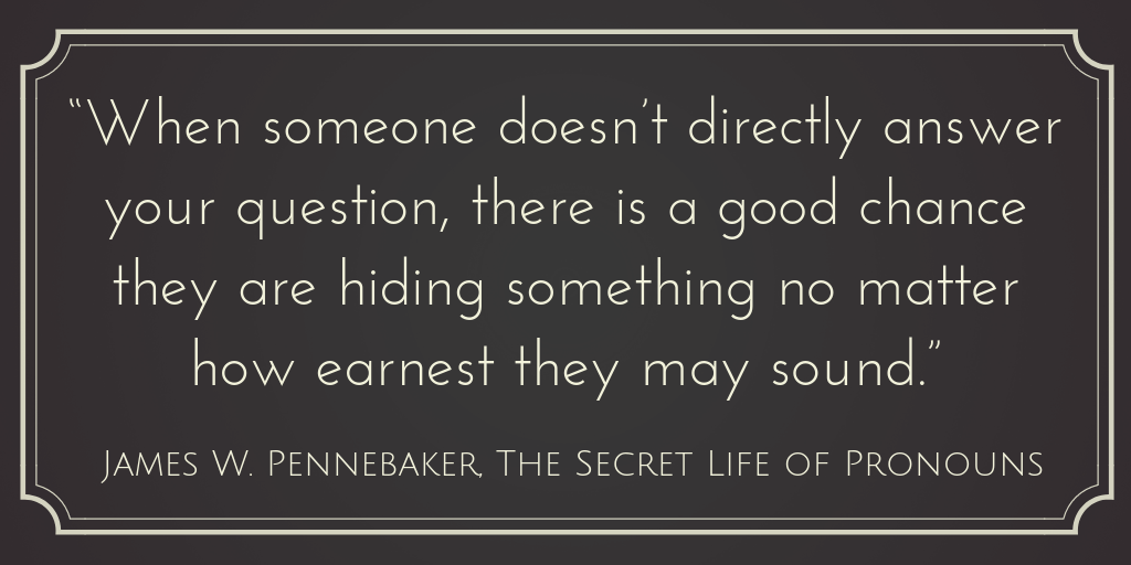 Quote graphic on indirect discourse: "When someone doesn't directly answer your question, there is a good chance they are hiding something no matter how earnest they may sound." James W. Pennebaker, The Secret Life of Pronouns, p. 167