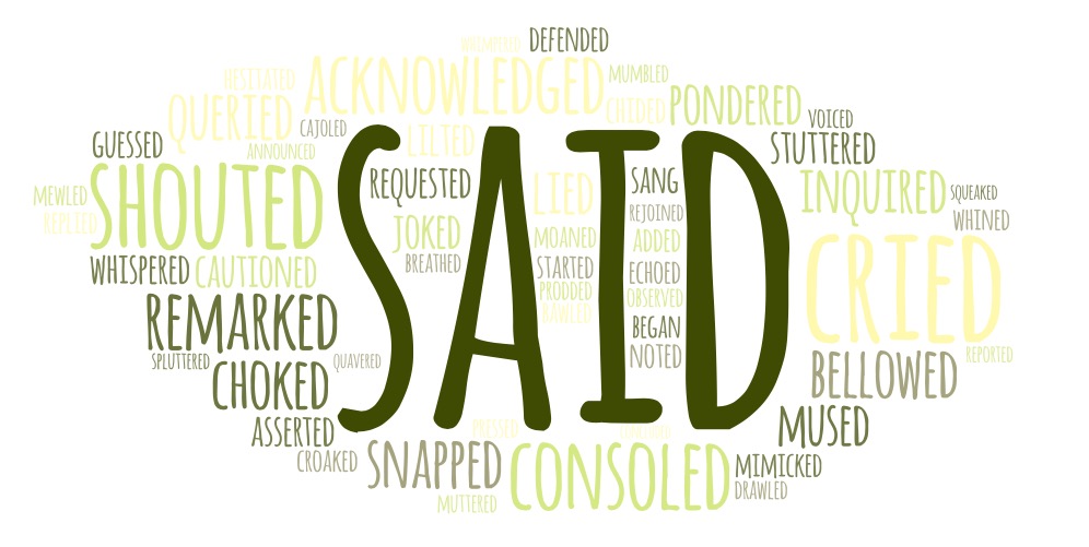 word cloud of dialogue tags: said, shouted, cried, consoled, snapped, defended, whispered, remarked, choked, guessed, asserted, cautioned, inquired, pondered, stuttered, voiced, acknowledged, squeaked, whined, bellowed, mused, mimicked, drawled, started, joked, requested, echoed, breathed, queried, cajoled, mumbled, reported, began, noted, prodded, added, sang, rejoined, announced, quavered, spluttered, croaked, asserted, lied, moaned, observed, lilted