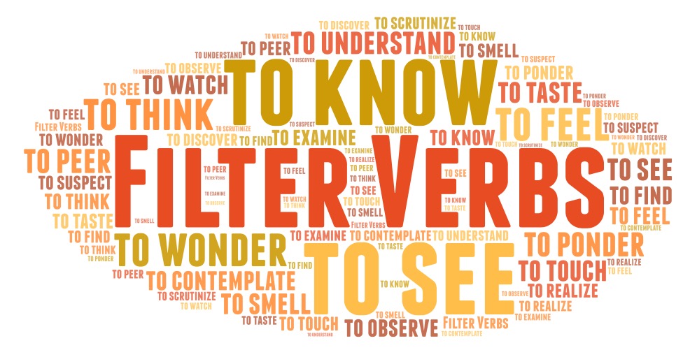 Word cloud made of Filter Verbs: to know, to see, to think, to wonder, to contemplate, to ponder, to touch, to feel, to taste, to smell, to observe, to understand, to examine, to peer, to suspect, to watch, to scrutinize, to find, to realize