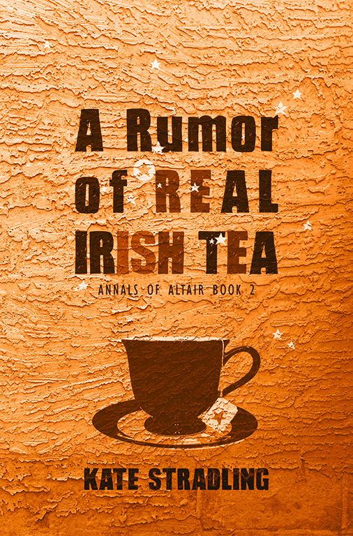 A Rumor of Real Irish Tea book cover: a teacup image painted on an orange stucco wall, with white stars spattered above it