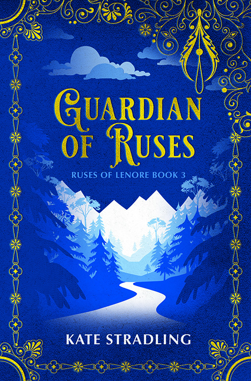 Guardian of Ruses book cover: a monochrome blue path leads to distant mountains, with a gold-foil decorative border framing the scene