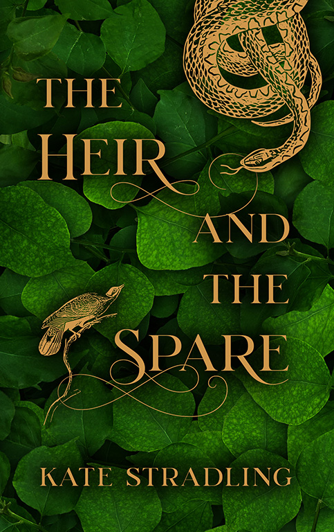 The Heir and the Spare book cover: a golden snake contemplates a bird on a branch, with a backdrop of vibrant green bougainvillea leaves