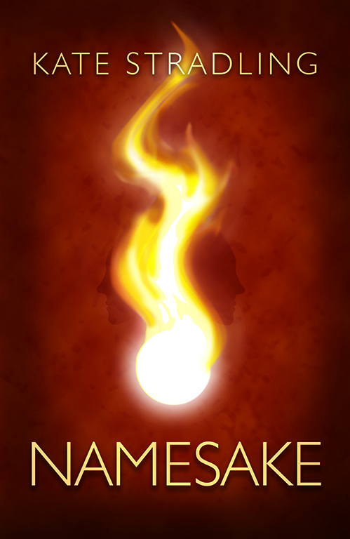 Namesake book cover: a yellow fireball flame licks upward, with janus-faced shadows in profile behind it, with a background of mottled rust-brown