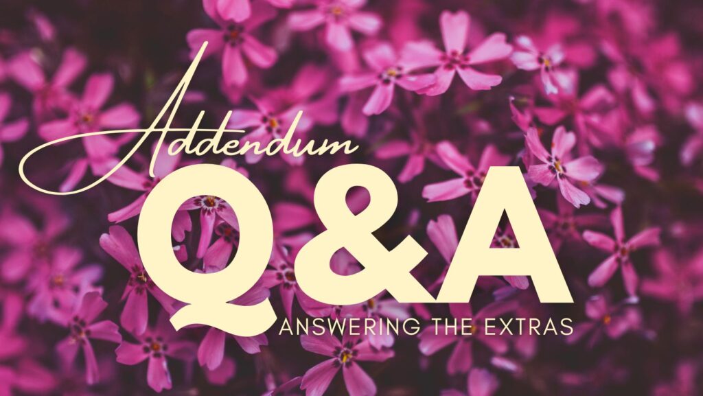 A graphic with close-up purple flower clusters in the background. The text says, "Addendum Q&A: answering the extras." This image marks the start of my extra questions from SheaCon.