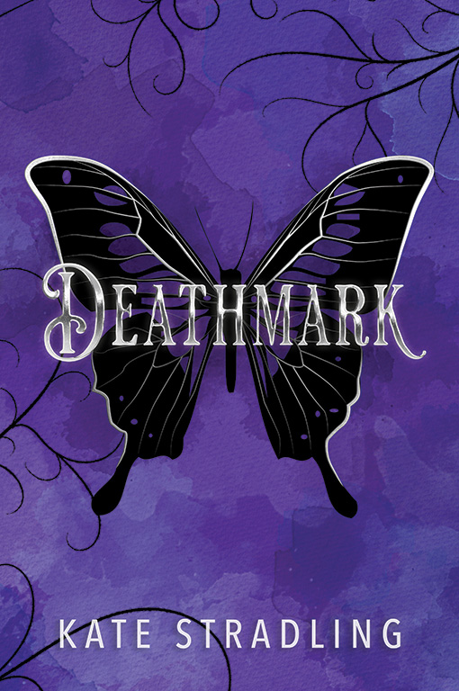 Book cover for DEATHMARK by Kate Stradling: a black butterfly with silver-veined wings against a deep purple watercolor-style background, with black tendrils curling in from the edges of the frame