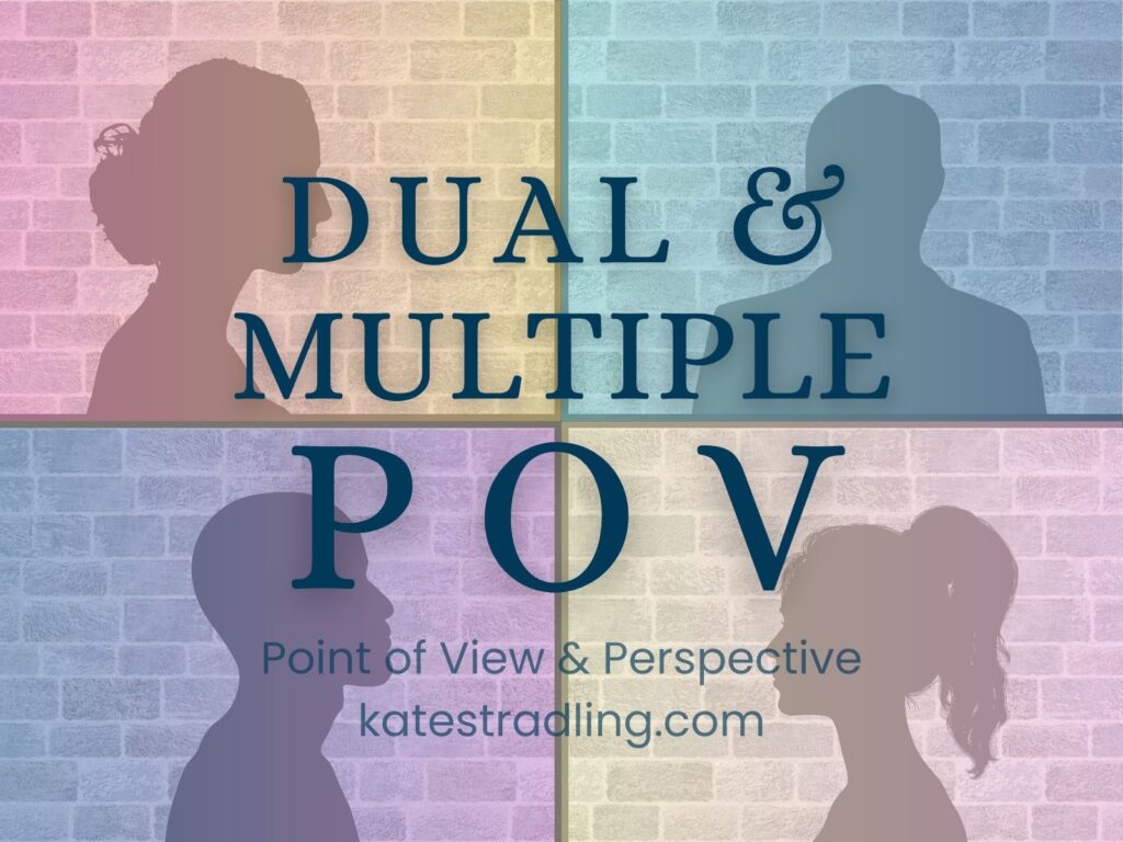 Article title plate: Dual and Multiple POV, Point of View & Perspective, katestradling.com; the background is divided into four parts, each with a different person's silhouette.