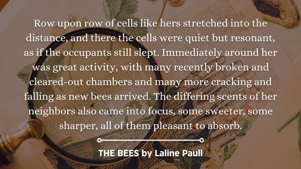 Quote from The Bees by Laline Paull: "Row upon row of cells like hers stretched into the distance, and there the cells were quiet but resonant, as if the occupants still slept. Immediately around her was great activity, with many recently broken and cleared-out chambers and many more cracking and falling as new bees arrived. The differing scents of her neighbors also came into focus, some sweeter, some sharper, all of them pleasant to absorb."