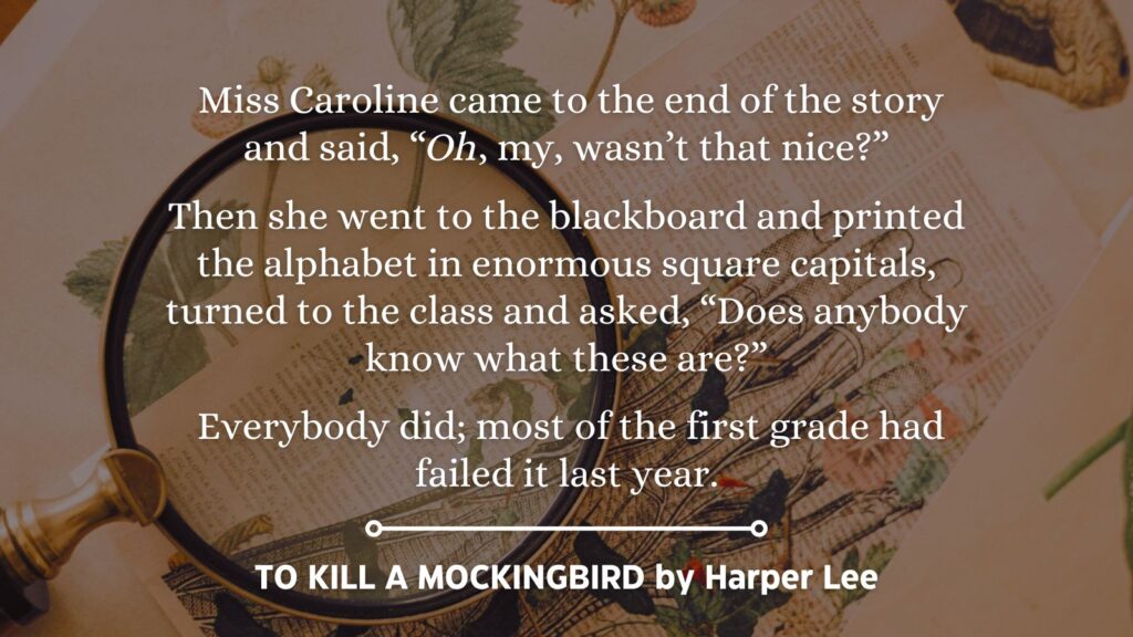 Quote from To Kill a Mockingbird by Harper Lee
Miss Caroline came to the end of the story and said, “Oh, my, wasn’t that nice?”
Then she went to the blackboard and printed the alphabet in enormous square capitals, turned to the class and asked, “Does anybody know what these are?”
Everybody did; most of the first grade had failed it last year.