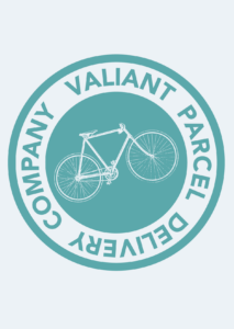 Logo for the fictional Valiant Parcel Delivery Company, or Vapadeco: the company name encircles an image of a bicycle