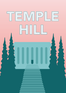 Religion in Fiction graphic: a parthenon-like building  stands against a pink sky, with trees surrounding it and stairs leading to its entrance. Large block letters read TEMPLE HILL.